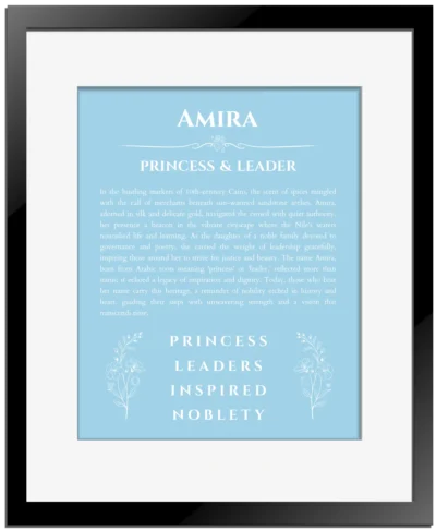 Amira custom name art showing meaning and origin in light blue with black matte frame