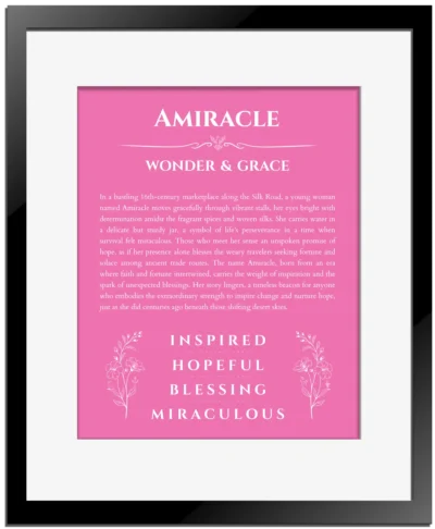 Amiracle personalized name meaning print in pink with black matte frame