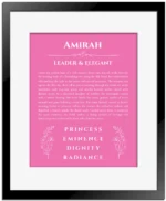 Amirah name meaning gift print in pink with black matte frame
