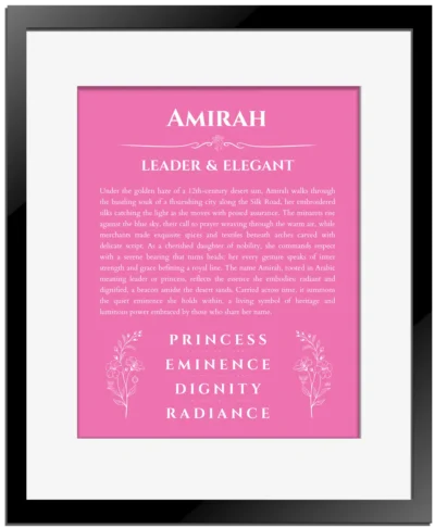 Amirah name meaning gift print in pink with black matte frame