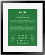 Amire custom name art showing meaning and origin in dark green with black matte frame