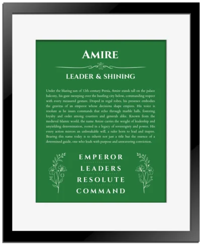 Amire custom name art showing meaning and origin in dark green with black matte frame