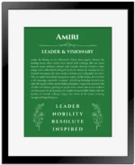 Amiri personalized name meaning print in dark green with black matte frame
