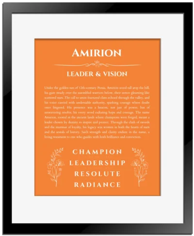 Amirion personalized wall art with the story of your name in orange with black matte frame