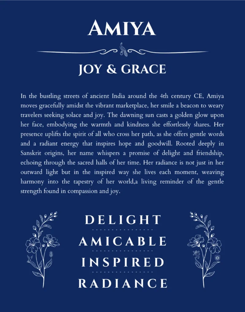 Amiya custom name art showing meaning and origin in deep blue