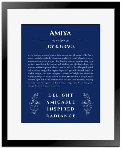 Amiya custom name art showing meaning and origin in deep blue with black matte frame