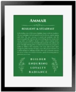 Ammar custom name art showing meaning and origin in dark green with black matte frame