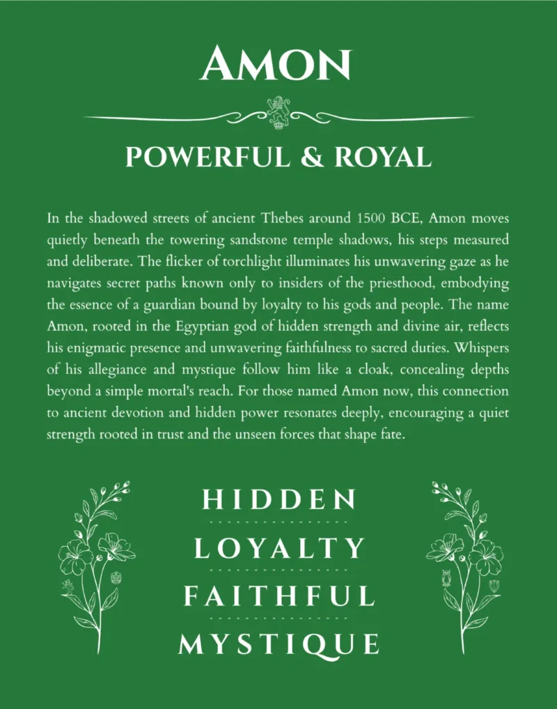 Amon personalized name print with origin and traits in dark green