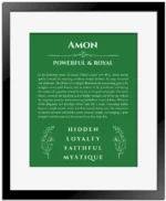 Amon personalized name print with origin and traits in dark green with black matte frame
