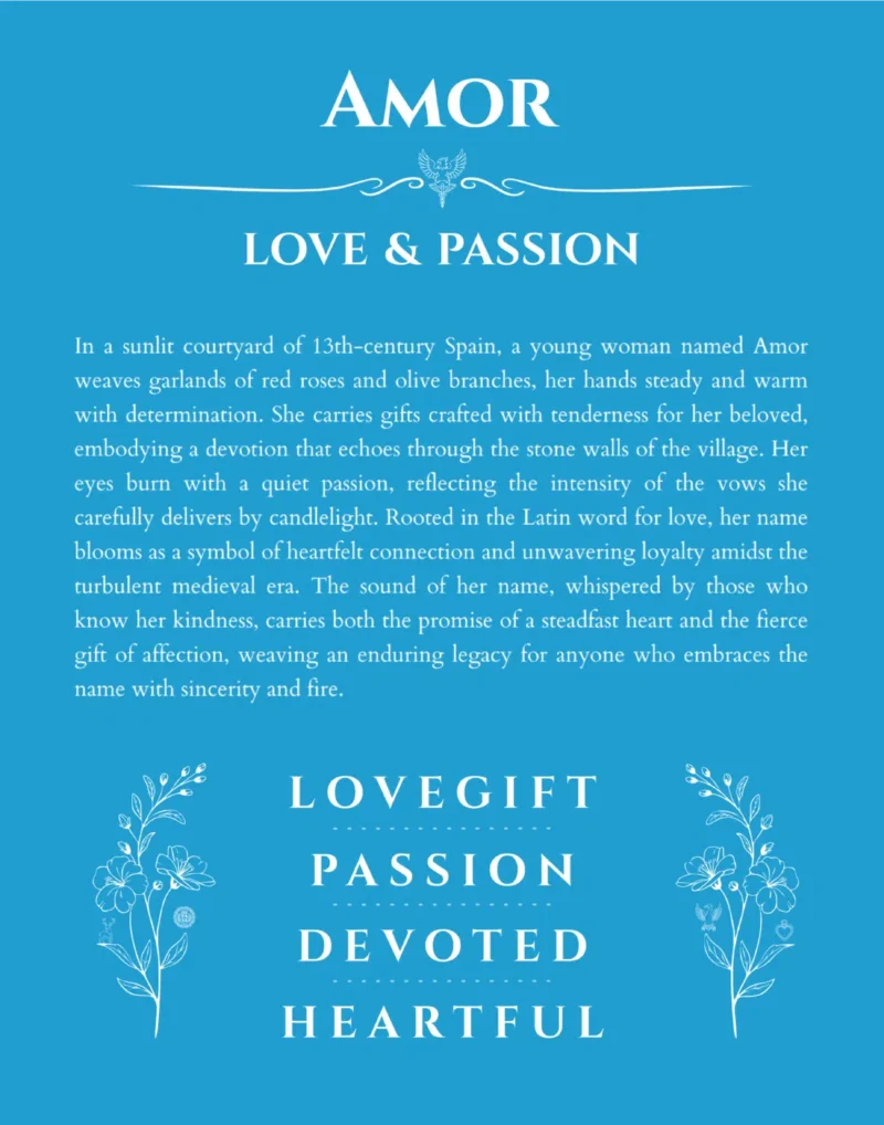 Amor custom name art showing meaning and origin in blue