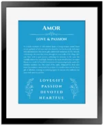 Amor custom name art showing meaning and origin in blue with black matte frame