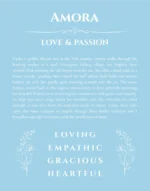 Amora name origin print with meaning and traits in light blue