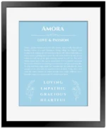 Amora name origin print with meaning and traits in light blue with black matte frame