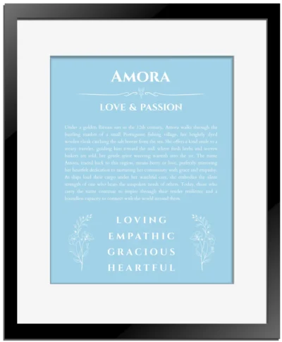 Amora name origin print with meaning and traits in light blue with black matte frame