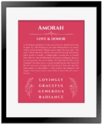 Amorah personalized name print with origin and traits in red with black matte frame