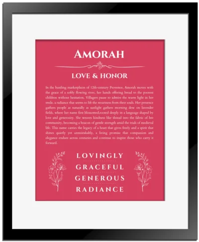 Amorah personalized name print with origin and traits in red with black matte frame