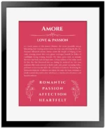 Amore personalized name art with origin story in red with black matte frame