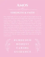 Amos name origin print with meaning and traits in light pink