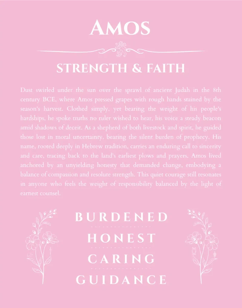 Amos name origin print with meaning and traits in light pink