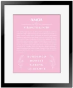 Amos name origin print with meaning and traits in light pink with black matte frame
