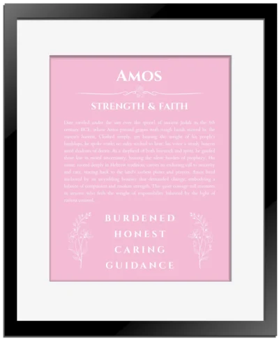 Amos name origin print with meaning and traits in light pink with black matte frame