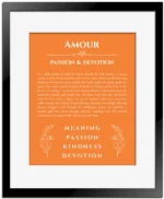 Amour personalized name meaning print in orange with black matte frame