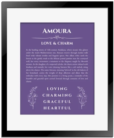 Amoura name meaning wall art by Get Your Story in purple with black matte frame