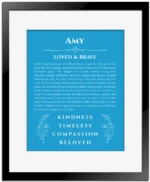 Amy personalized name art with origin story in blue with black matte frame