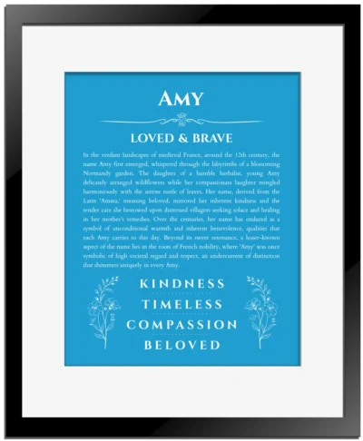 Amy personalized name art with origin story in blue with black matte frame