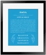Amya name meaning gift print in blue with black matte frame