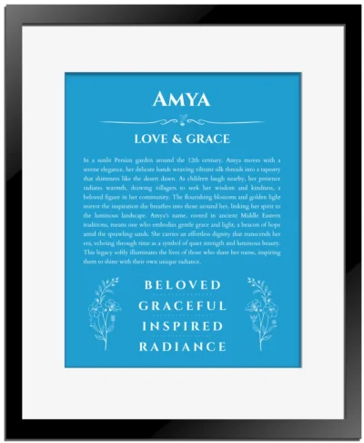 Amya name meaning gift print in blue with black matte frame