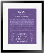 Amyah name meaning gift print in purple with black matte frame
