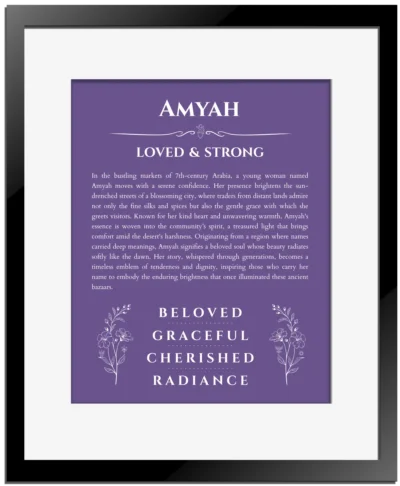 Amyah name meaning gift print in purple with black matte frame