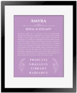 Amyra name meaning wall art by Get Your Story in light purple with black matte frame