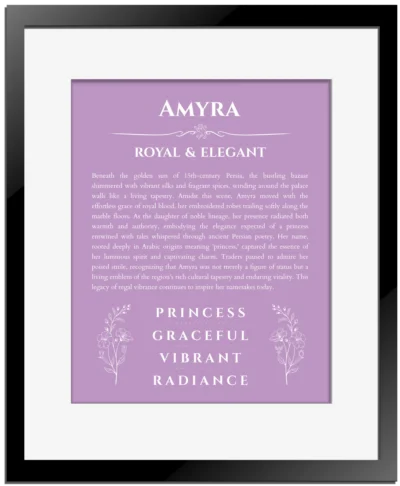 Amyra name meaning wall art by Get Your Story in light purple with black matte frame