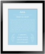 Ana personalized name art with origin story in light blue with black matte frame