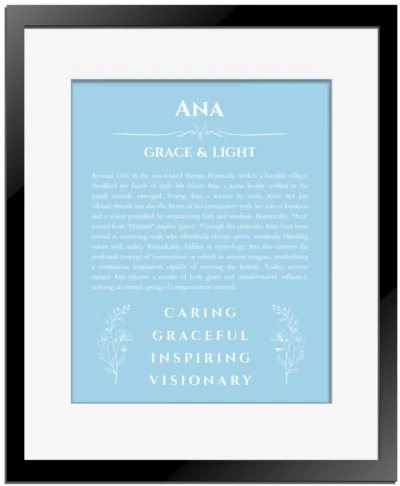 Ana personalized name art with origin story in light blue with black matte frame