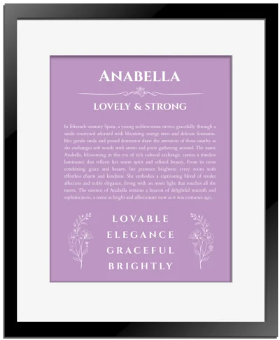 Anabella name meaning wall art by Get Your Story in light purple with black matte frame