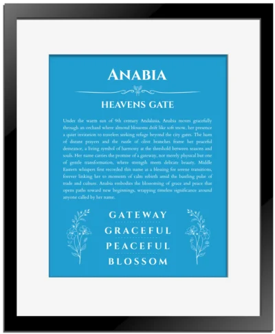 Anabia name meaning gift print in blue with black matte frame