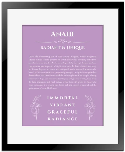 Anahi custom name print for wall display in light purple with black matte frame