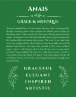 Anais custom name art showing meaning and origin in dark green