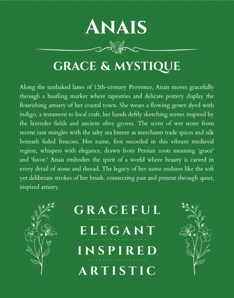 Anais custom name art showing meaning and origin in dark green