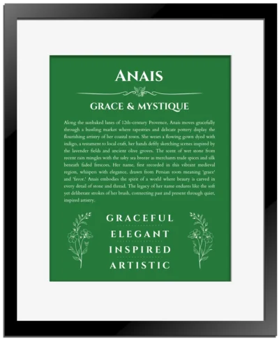 Anais custom name art showing meaning and origin in dark green with black matte frame