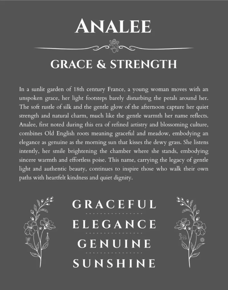 Analee custom name art showing meaning and origin in gray