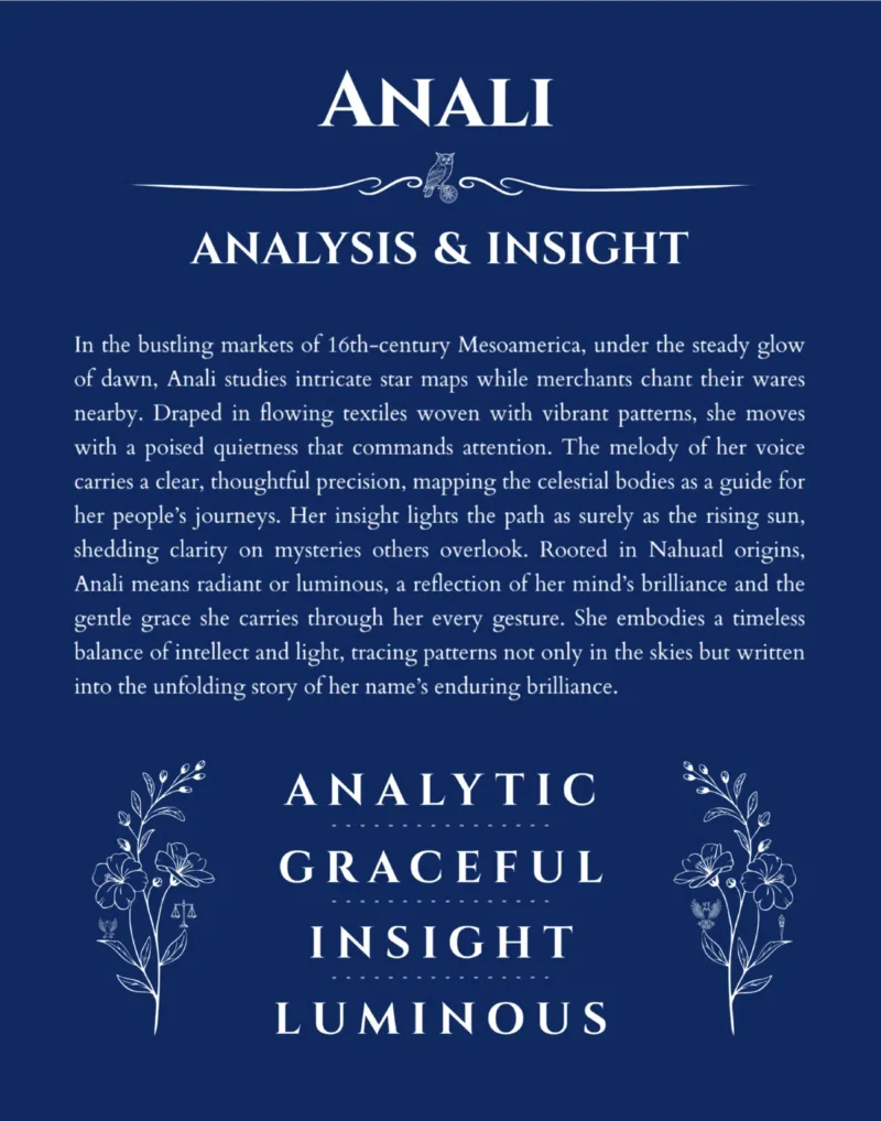 Anali custom name art showing meaning and origin in deep blue