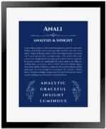 Anali custom name art showing meaning and origin in deep blue with black matte frame
