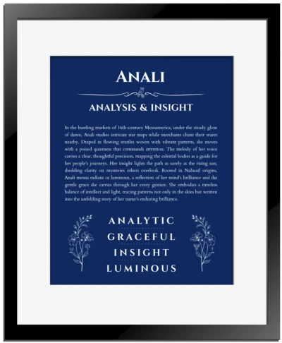 Anali custom name art showing meaning and origin in deep blue with black matte frame