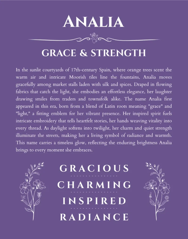 Analia custom name art showing meaning and origin in purple