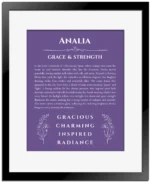 Analia custom name art showing meaning and origin in purple with black matte frame