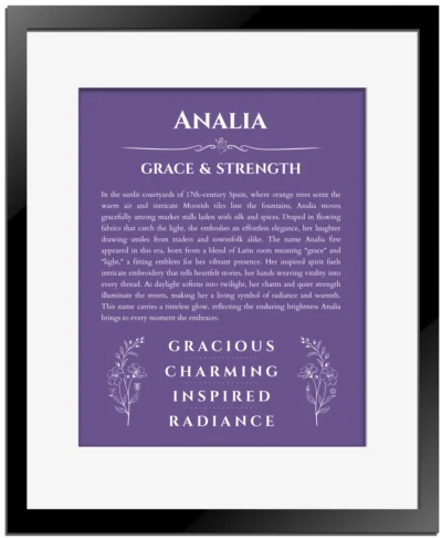 Analia custom name art showing meaning and origin in purple with black matte frame